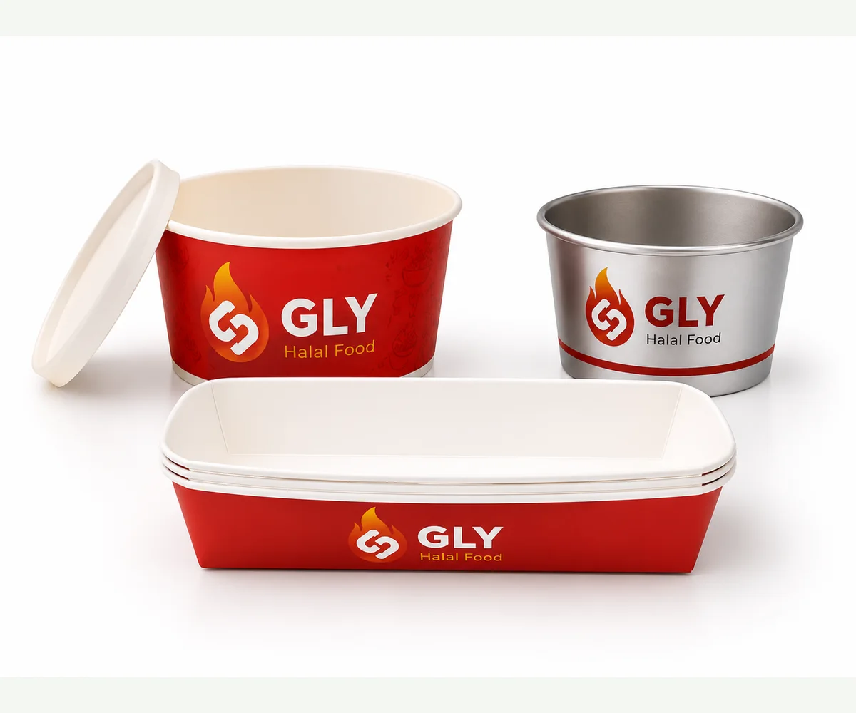 Branded rectangular paper food tray for prepared takeaway meals