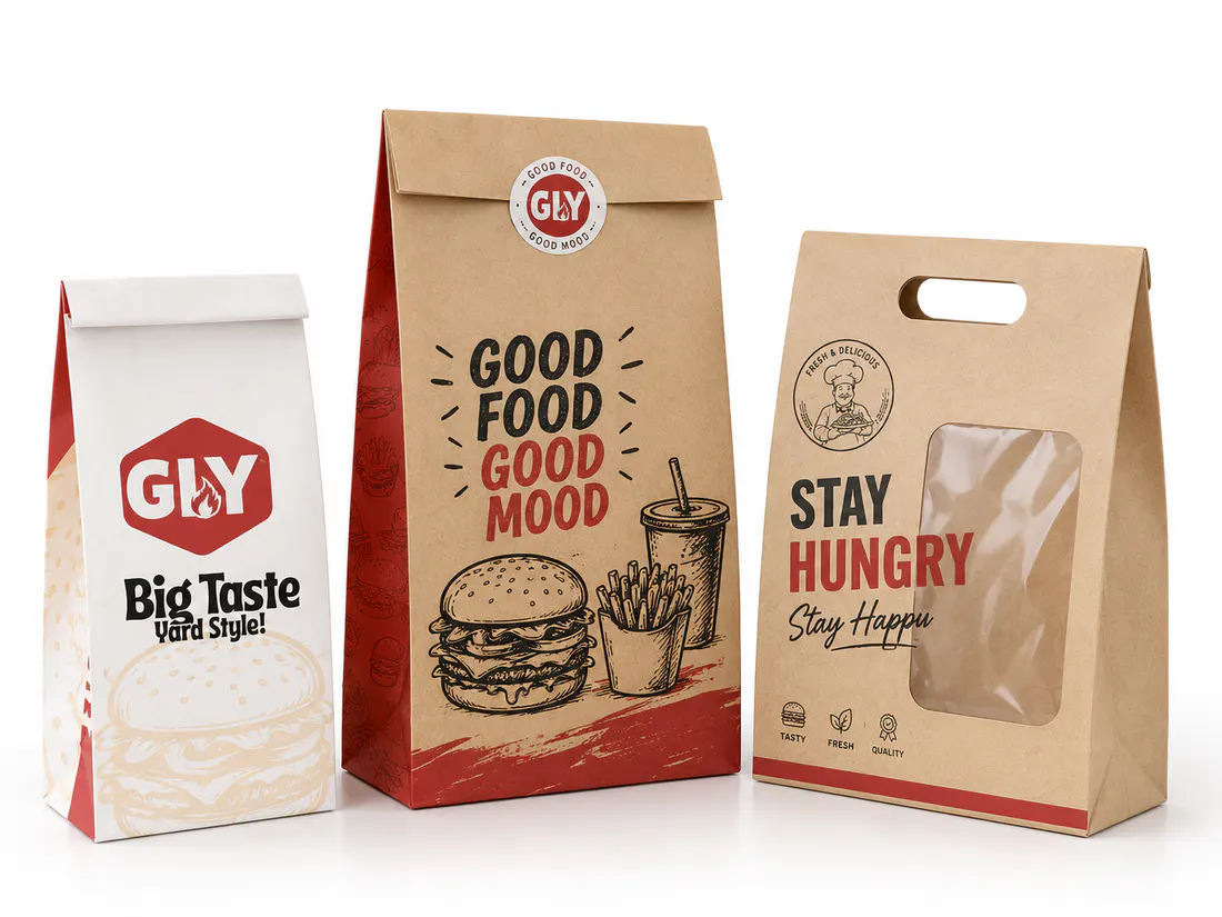 Custom kraft takeaway paper bags with printed restaurant branding