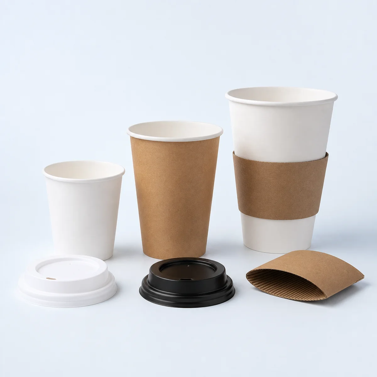 Single wall paper coffee cups in kraft and white with lids and a paper sleeve