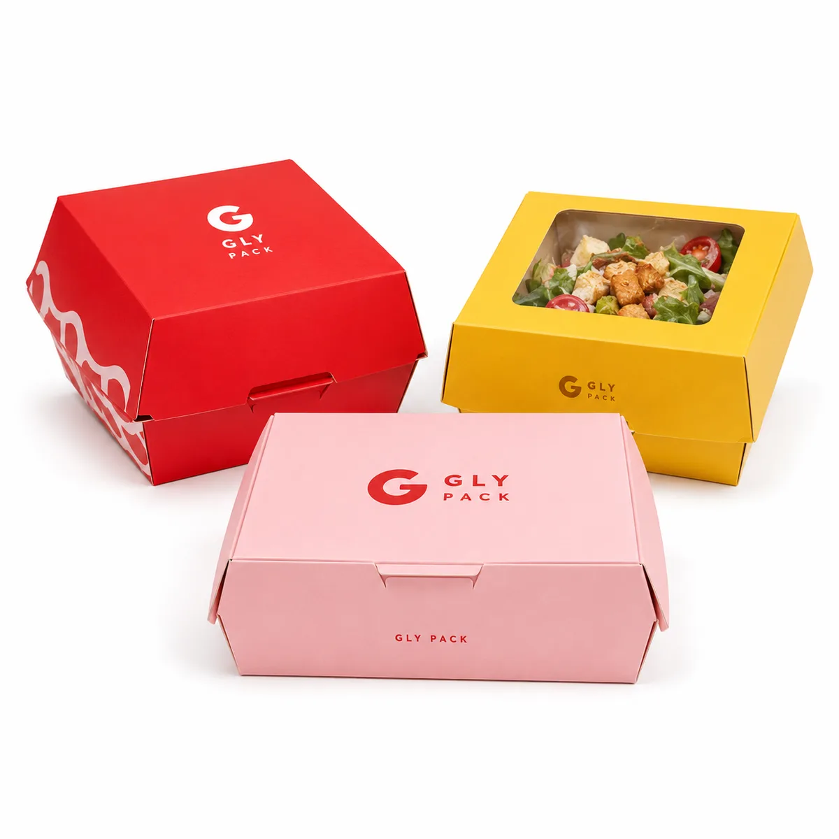 Custom red yellow and pink paper food boxes including a clear window box