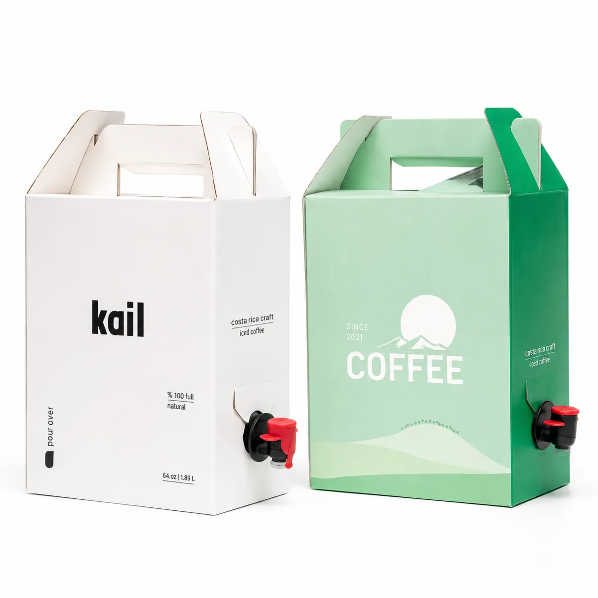 Custom cardboard coffee beverage dispenser boxes with handles and taps