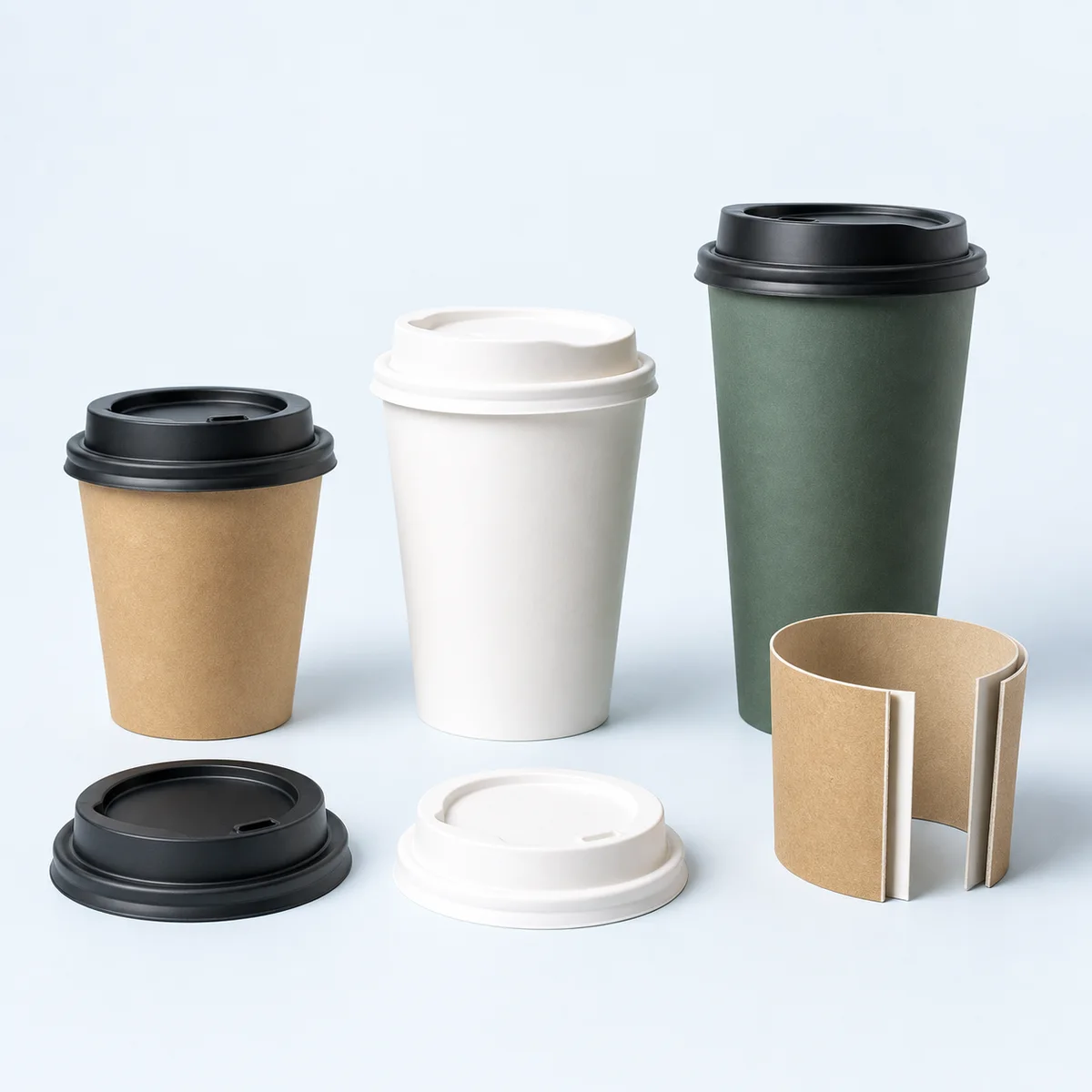 Double wall insulated paper coffee cups with black and white lids and a two-layer sample