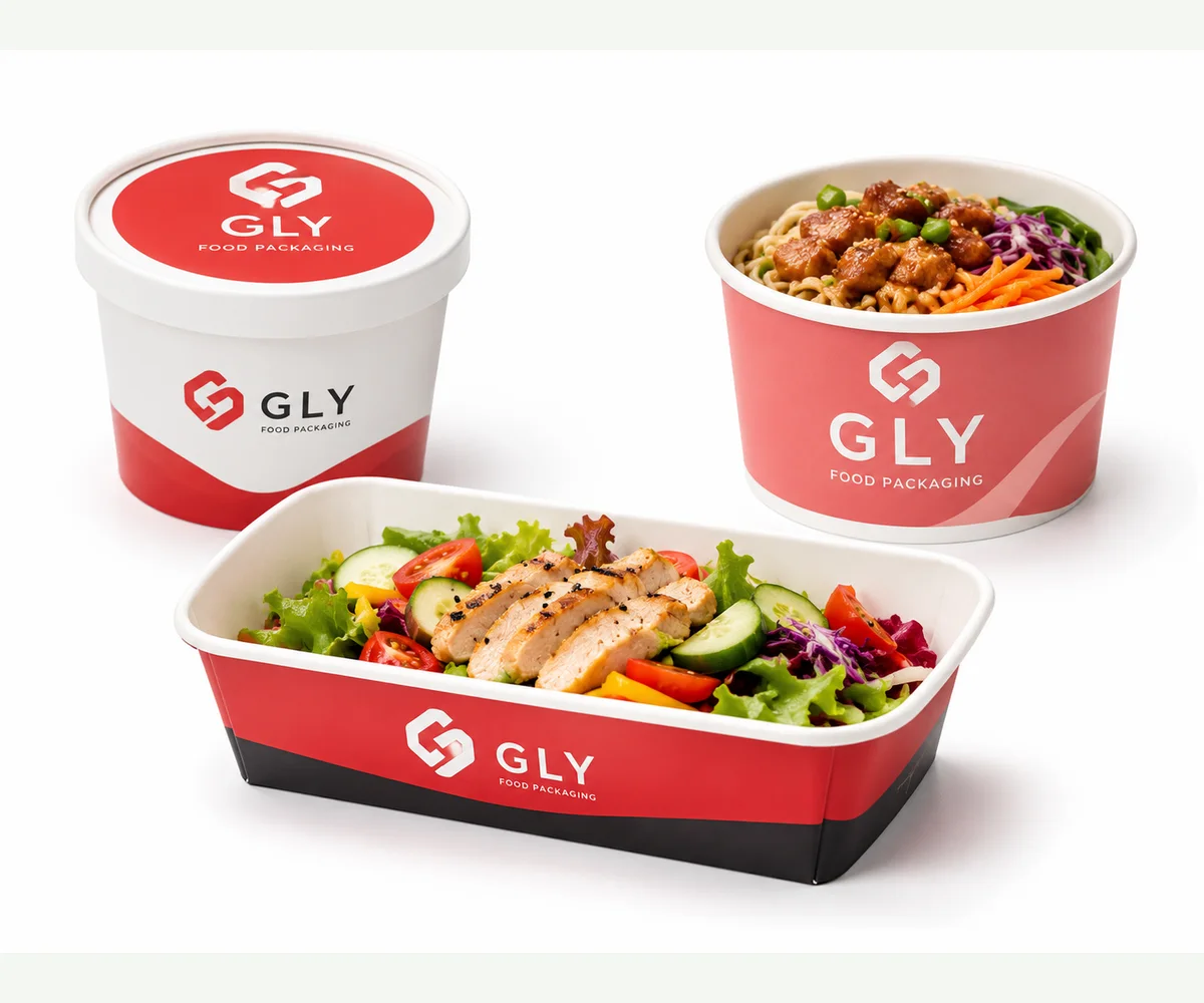 Branded takeaway meal boxes and trays with separated food portions