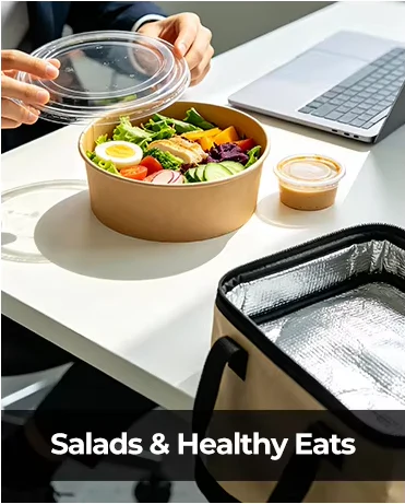 Insulated food transport bag beside a prepared salad meal