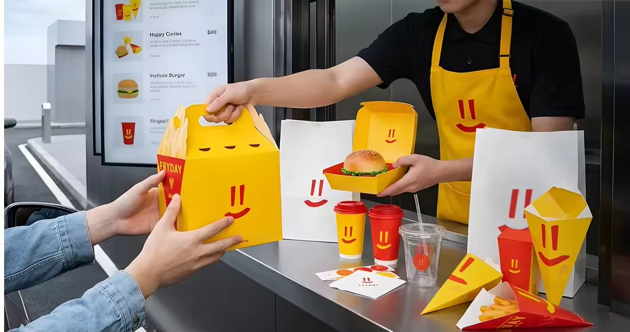 Coordinated fast food packaging boxes, bags, cups and trays